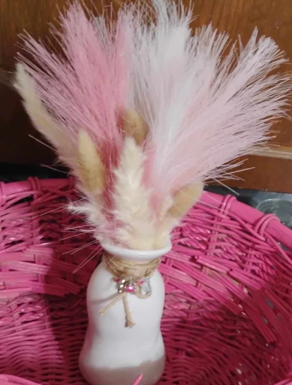 White Ceramic Vase with Pink and Gold Charm Accent
